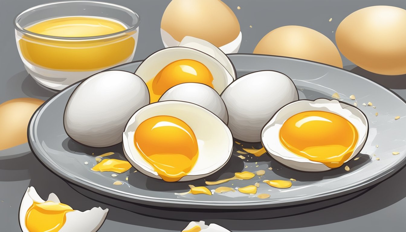 A cracked rhea egg on a plate, with the yolk and white oozing out, surrounded by scattered eggshells