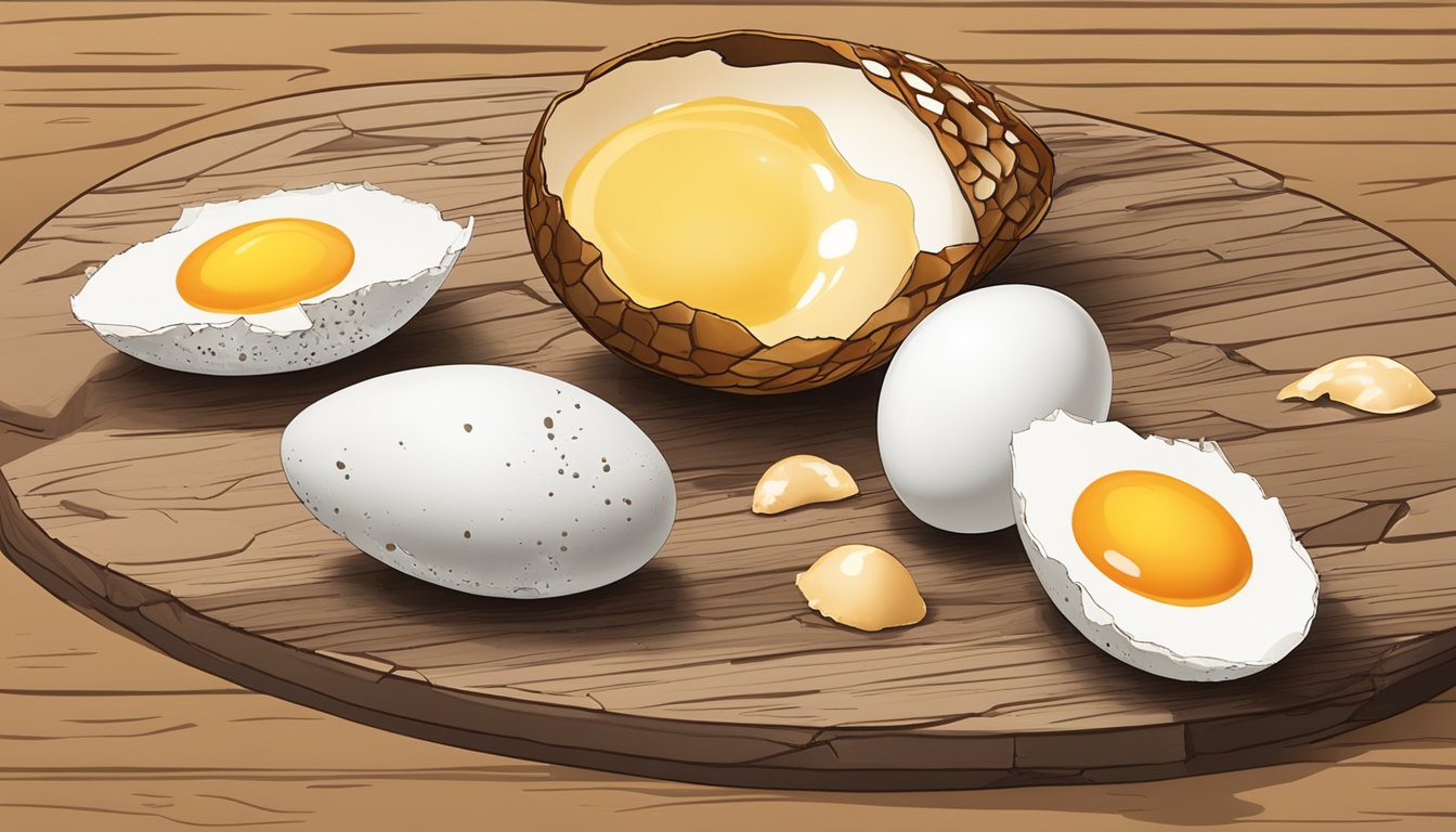 A cracked pheasant egg with runny yolk on a cutting board, surrounded by scattered eggshells and a raw egg