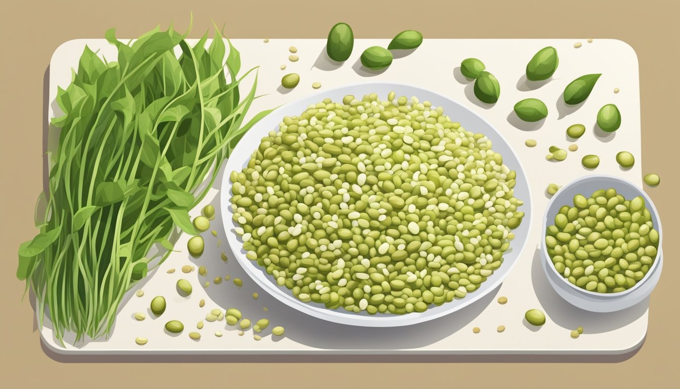 A pile of fresh soybean sprouts on a clean cutting board, surrounded by a few scattered beans and a small bowl of water