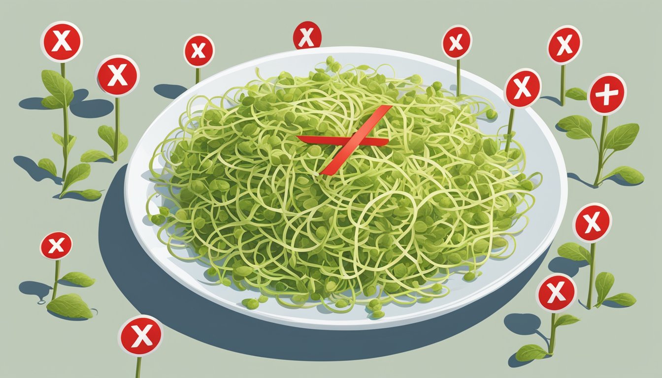 A plate of raw soybean sprouts surrounded by caution signs and a red "X" symbol