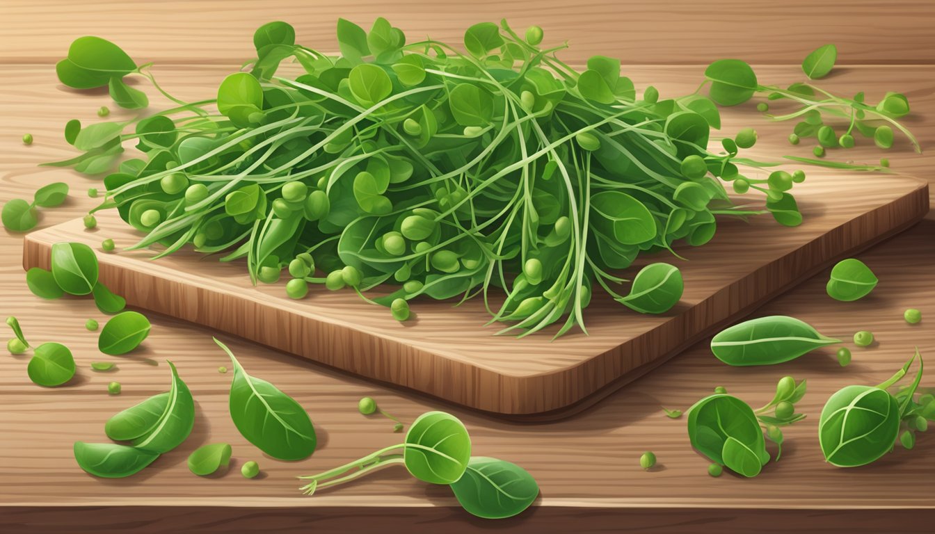 A vibrant plate of fresh pea shoots arranged on a wooden cutting board, surrounded by scattered pea pods and tendrils