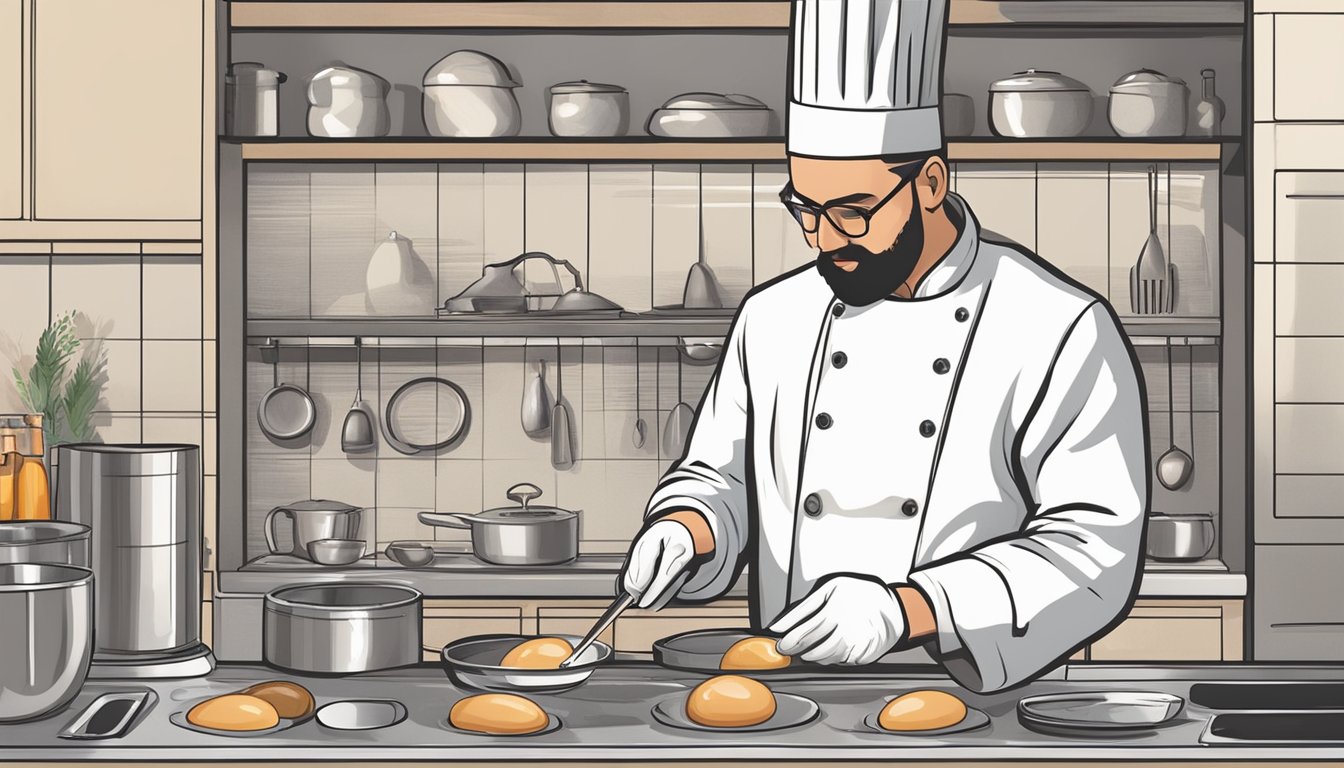 A chef carefully inspects a pheasant egg with a thermometer while wearing gloves, ensuring it is cooked to the proper temperature for safe consumption