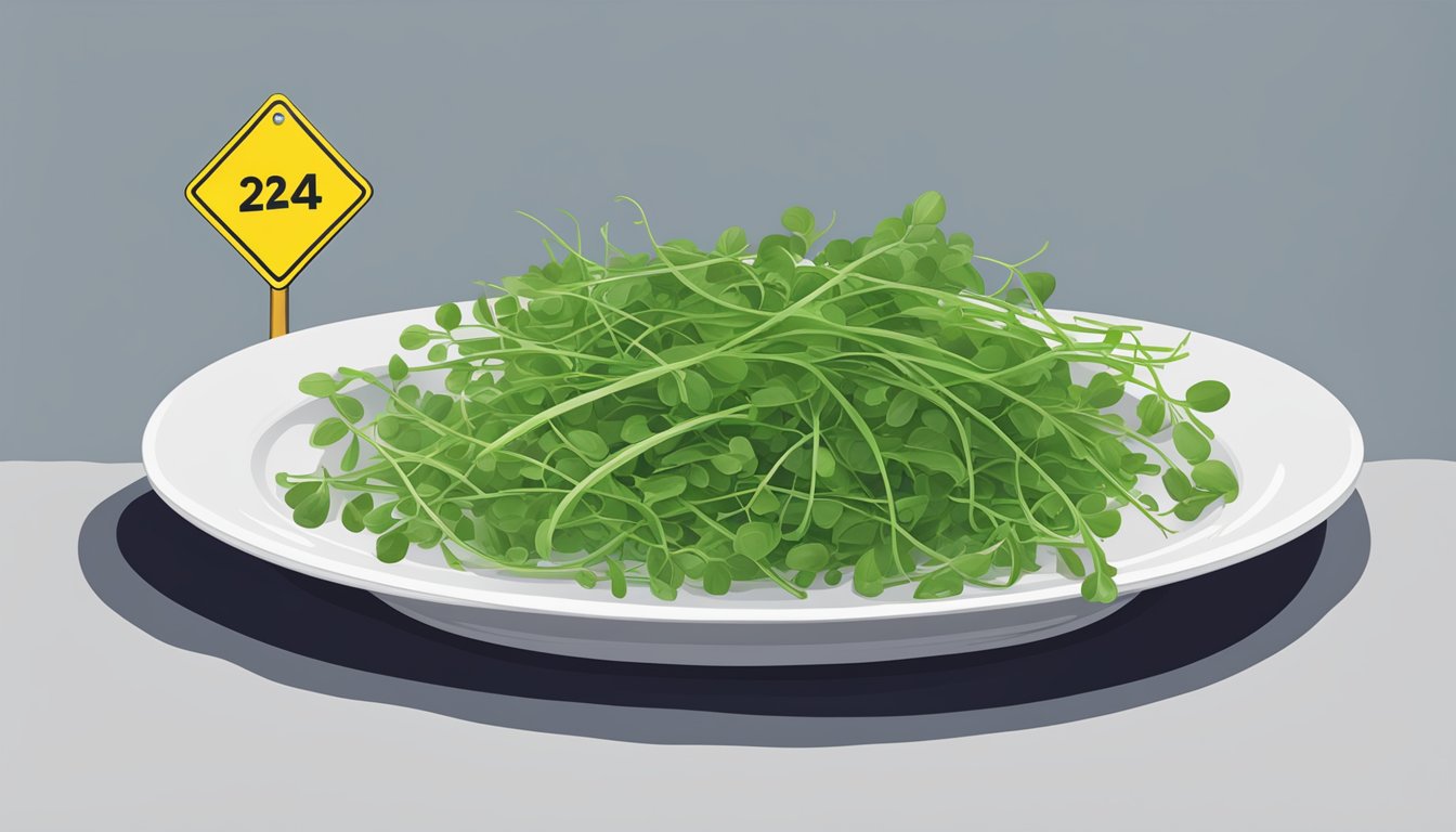 A plate of fresh raw pea shoots with a caution sign beside it