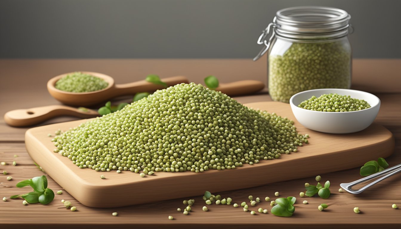 A bowl of raw buckwheat sprouts on a wooden cutting board, surrounded by scattered buckwheat grains and a sprouting jar