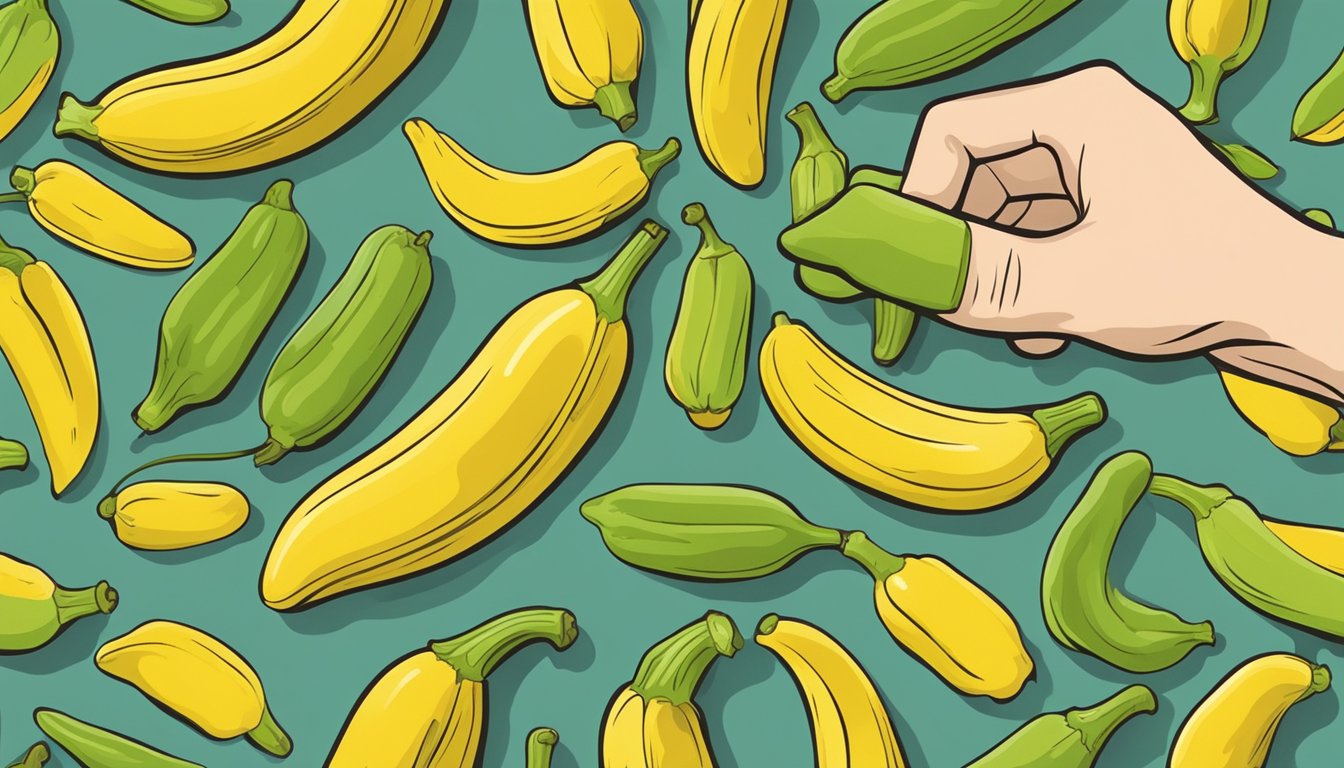 A hand holding a banana pepper, inspecting for signs of spoilage such as discoloration, soft spots, or mold