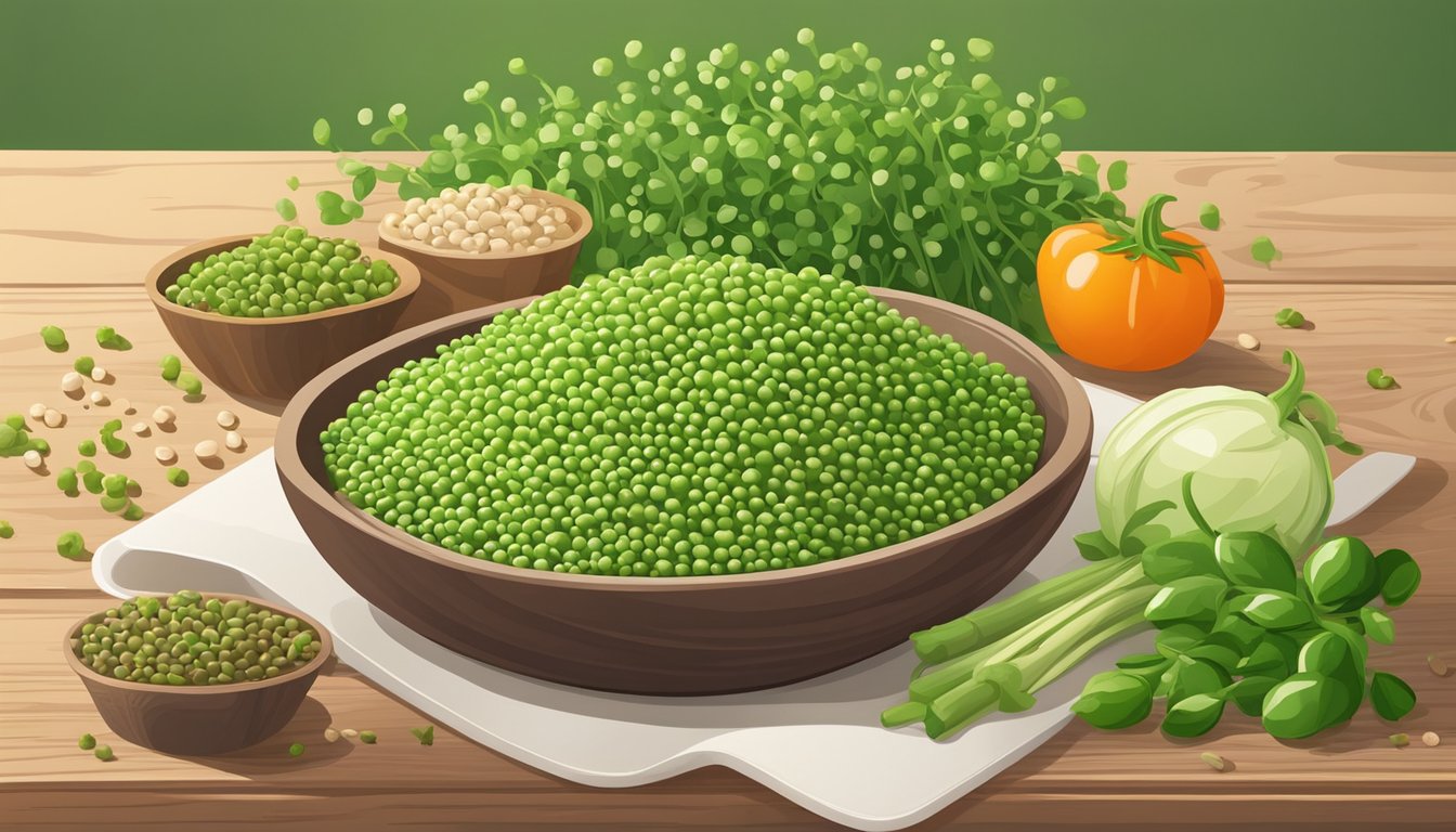 A bowl of vibrant green buckwheat sprouts sits on a wooden cutting board, surrounded by fresh vegetables and grains