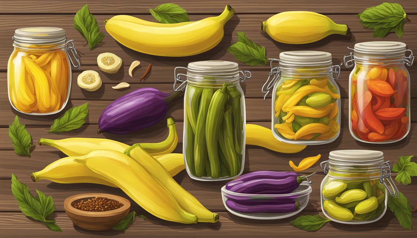 A variety of banana peppers in different forms - fresh, pickled, and dried - displayed on a wooden cutting board with various jars of pickling liquids and spices