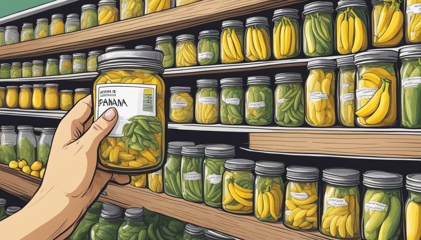 A hand reaching for a jar of banana peppers on a shelf, with a label indicating the expiration date