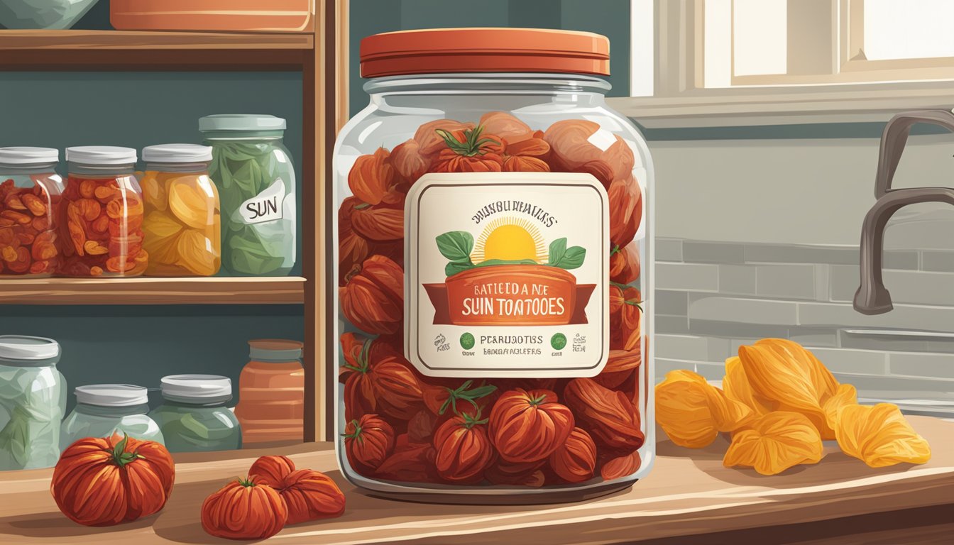 A jar of sun-dried tomatoes with a faded expiration date sits on a kitchen shelf, surrounded by other pantry items