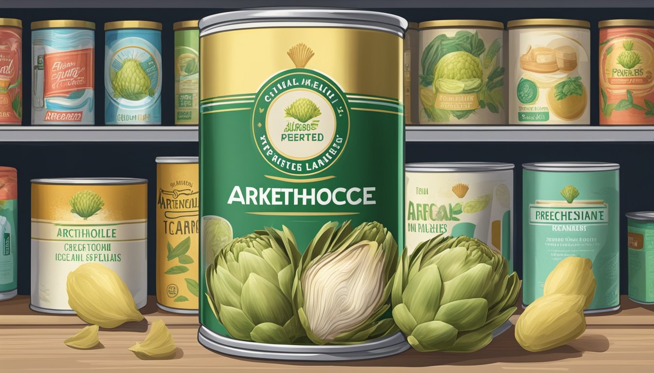 A can of expired artichoke hearts with a faded label, surrounded by other canned goods on a pantry shelf