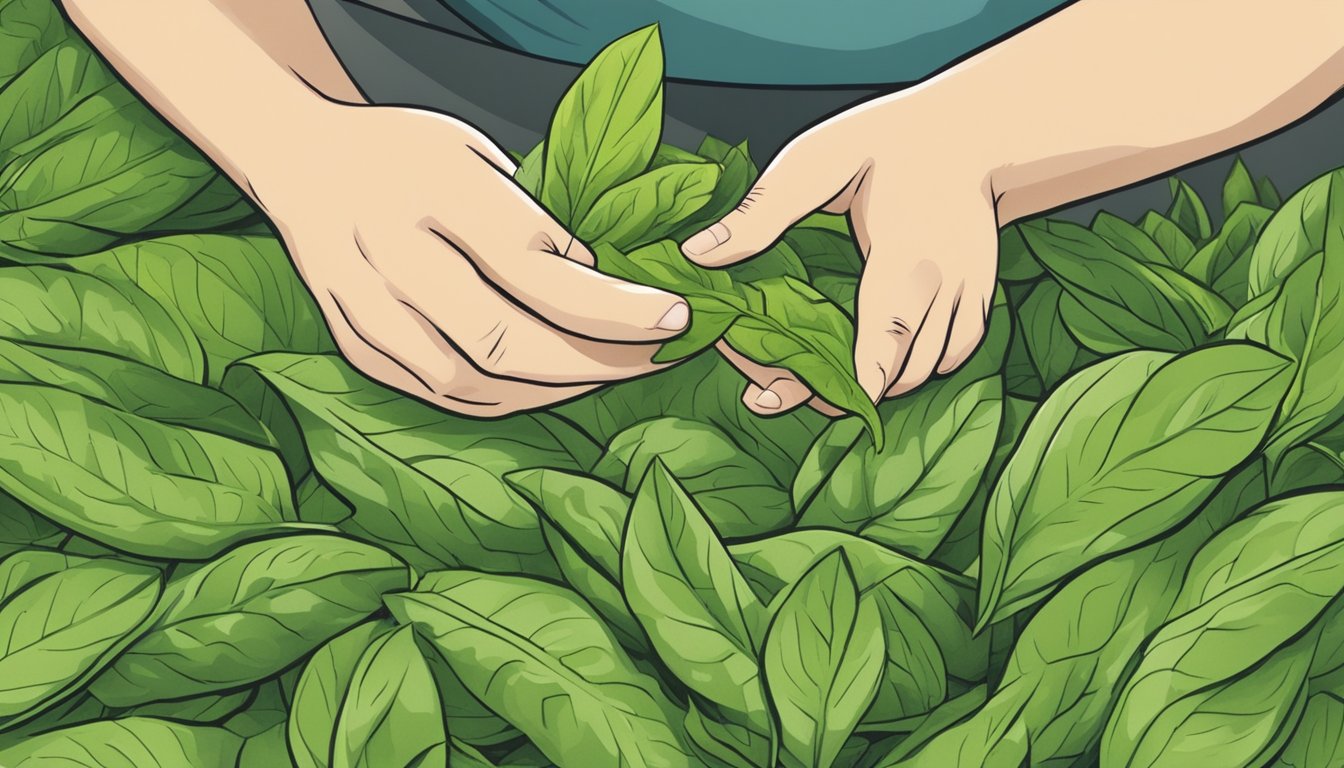 A person inspecting a bunch of fresh sorrel leaves, looking closely for any signs of spoilage or insects