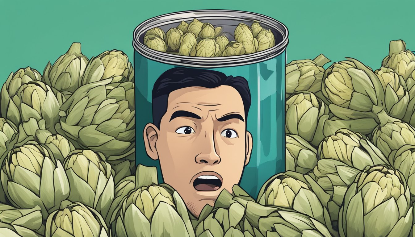 An open can of expired artichoke hearts surrounded by question marks and a worried expression on a person's face