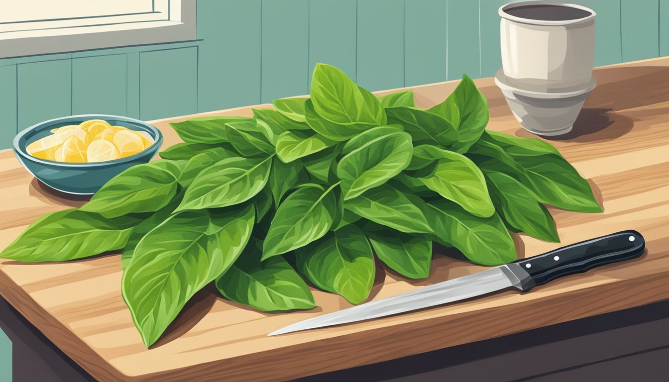 A vibrant bunch of sorrel leaves arranged on a cutting board, with a knife and a bowl of water nearby