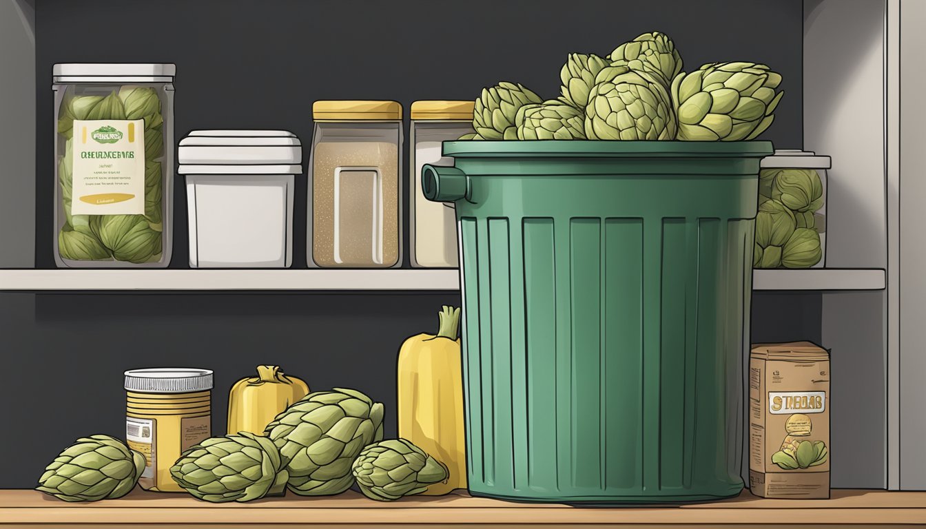 A pantry shelf with expired artichoke hearts next to a trash can