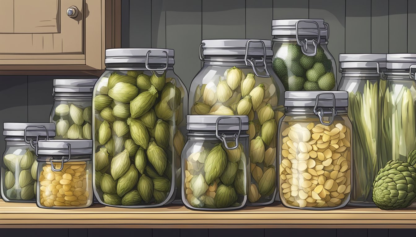 A pantry shelf with a can of expired artichoke hearts next to a variety of preservation methods such as pickling jars, vacuum sealer, and freezer bags