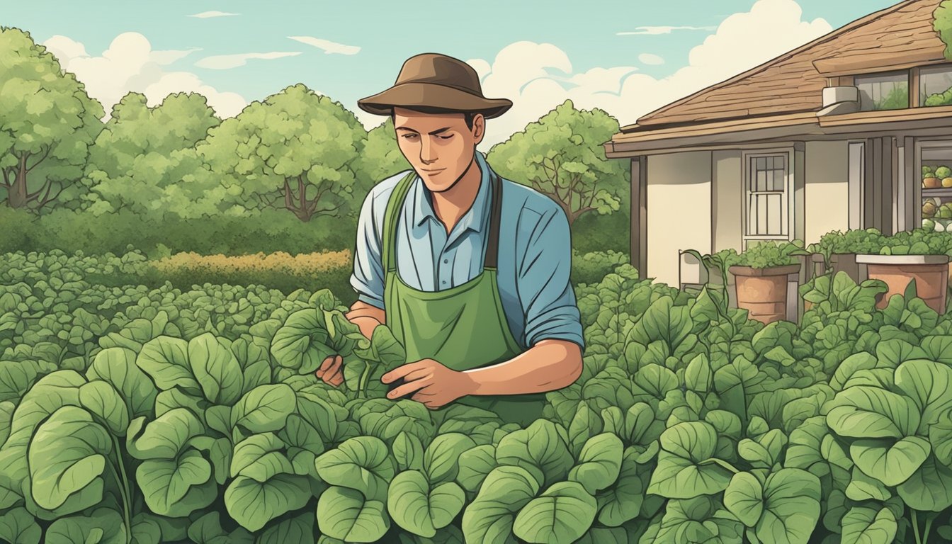 A person picking fresh sorrel leaves from a garden, with a cautious expression while holding a bunch of sorrel