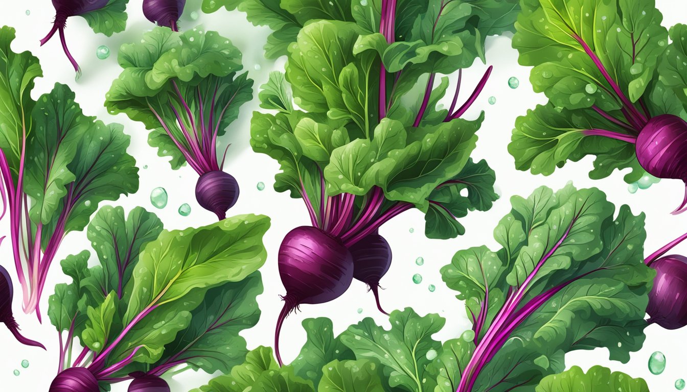 A vibrant bunch of beet greens, fresh and crisp, with droplets of water glistening on the leaves