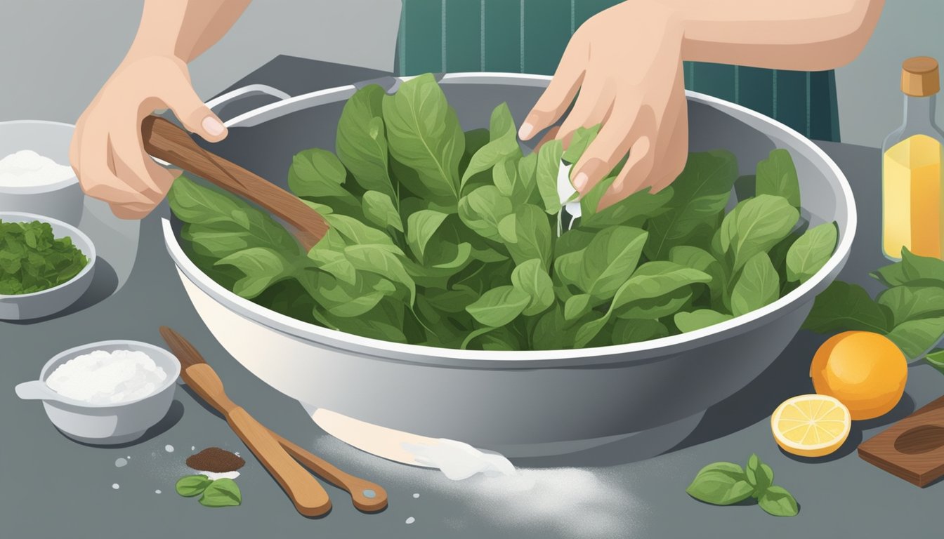 A person washing and chopping sorrel, then cooking it in a pot with other ingredients