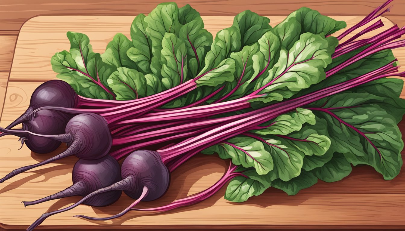 A vibrant bunch of raw beet greens, with their deep green leaves and vibrant red stems, arranged on a cutting board