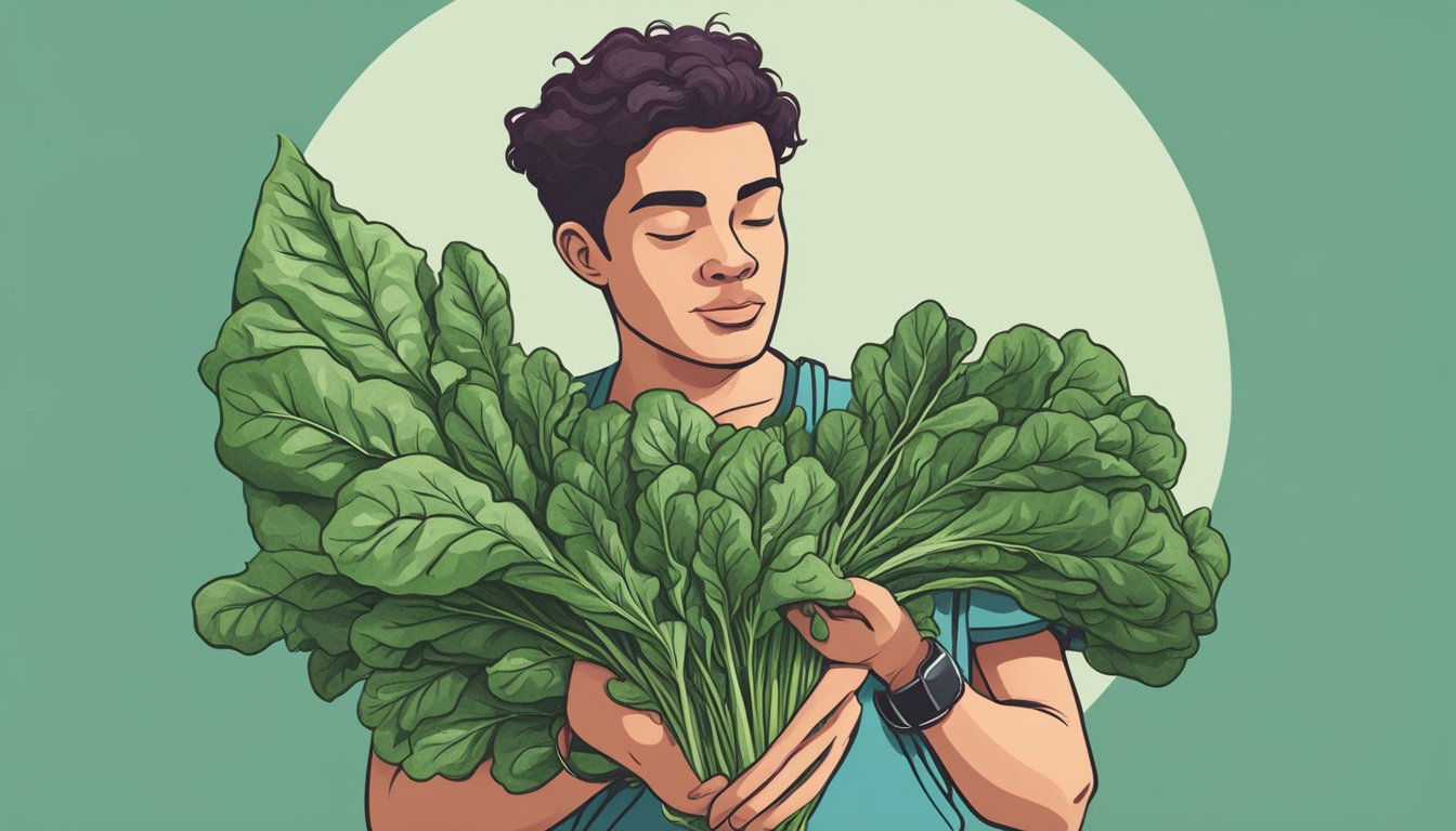 A person holding a bunch of fresh beet greens, with a concerned expression, looking up "is it safe to eat raw beet greens" on their phone