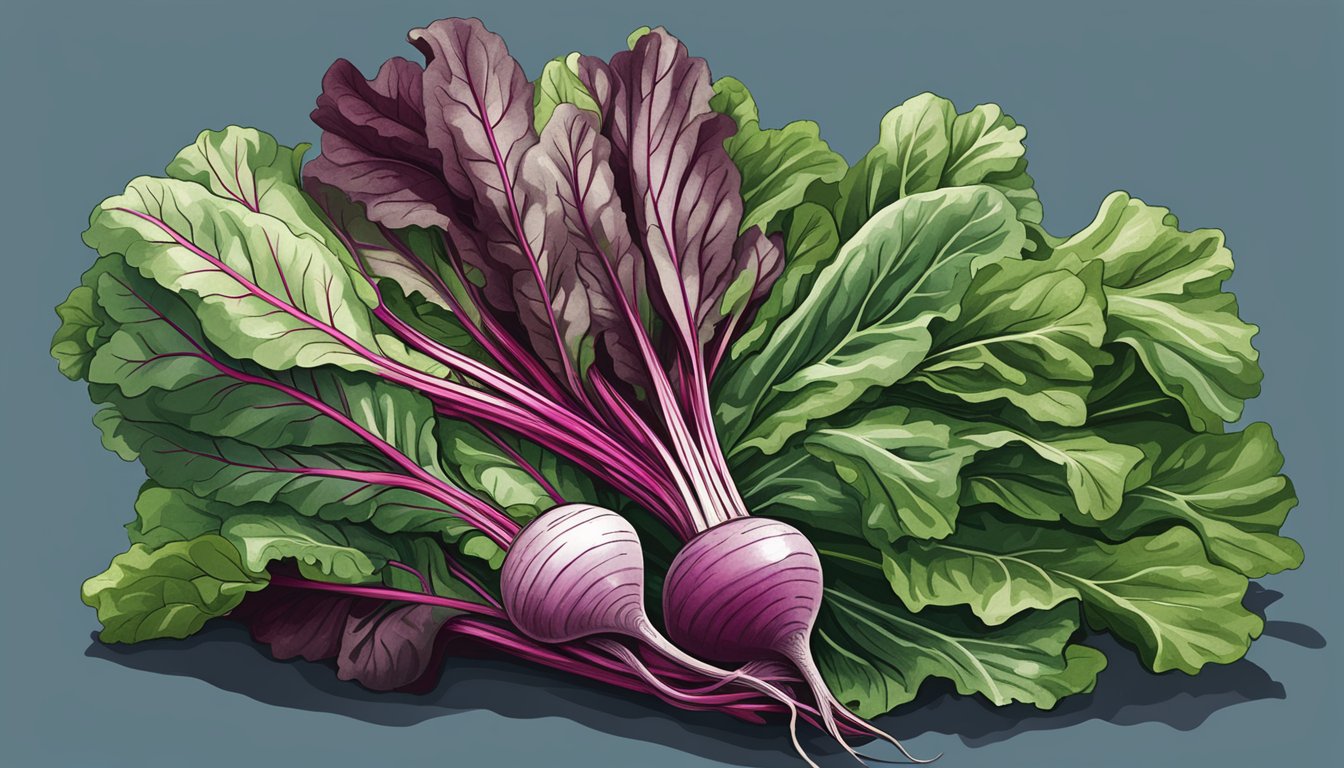 A vibrant bunch of beet greens is displayed next to other leafy greens, showcasing their color and texture for comparison