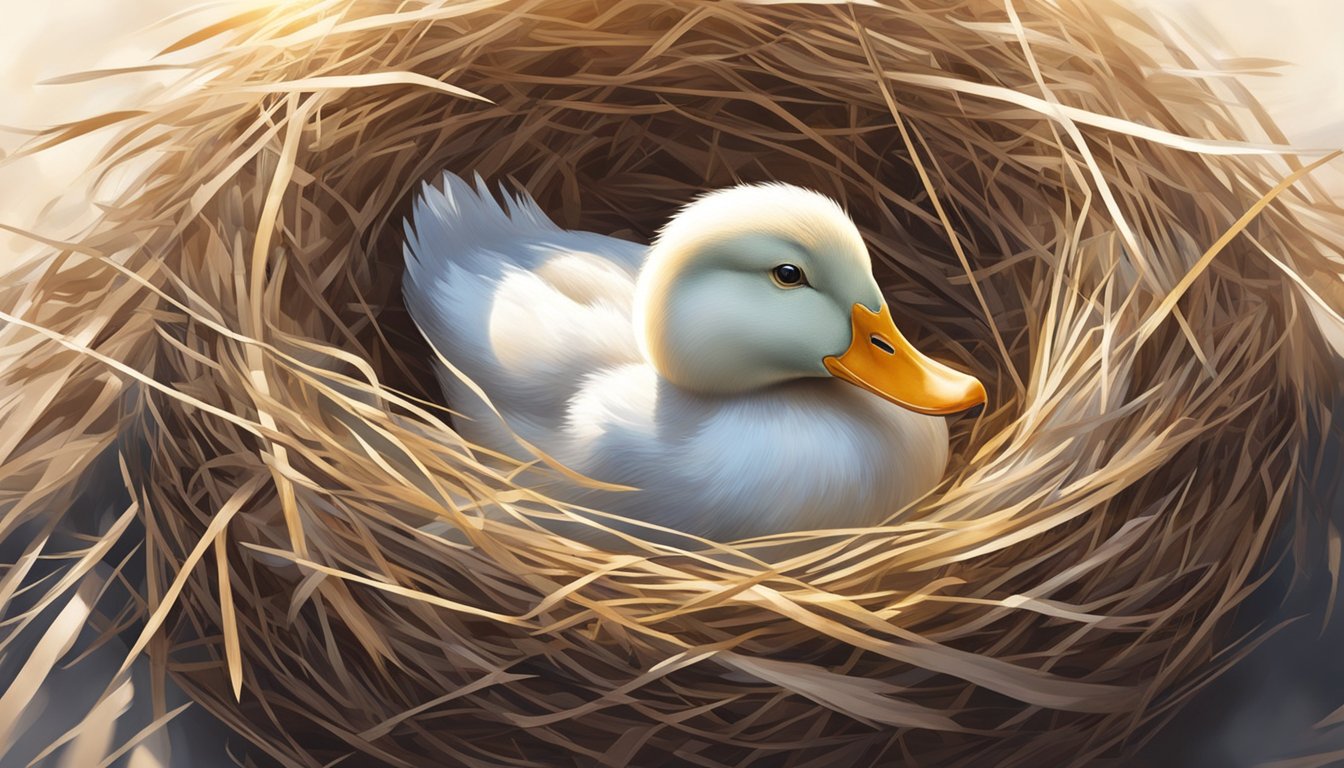 A duck egg resting in a nest, surrounded by straw and feathers, with a soft glow of sunlight highlighting its speckled shell