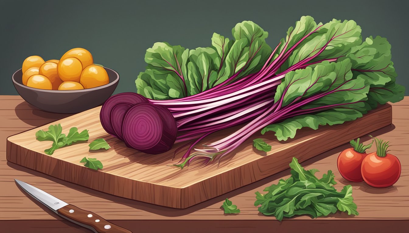 A colorful bunch of raw beet greens arranged on a cutting board, with a knife and a bowl of salad ingredients nearby