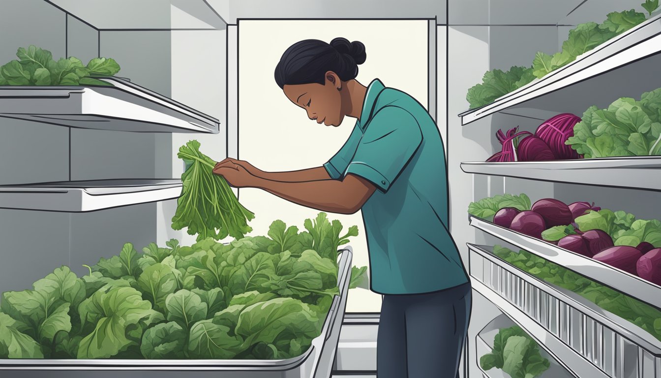 A person placing freshly harvested beet greens in airtight containers in a refrigerator to preserve their freshness