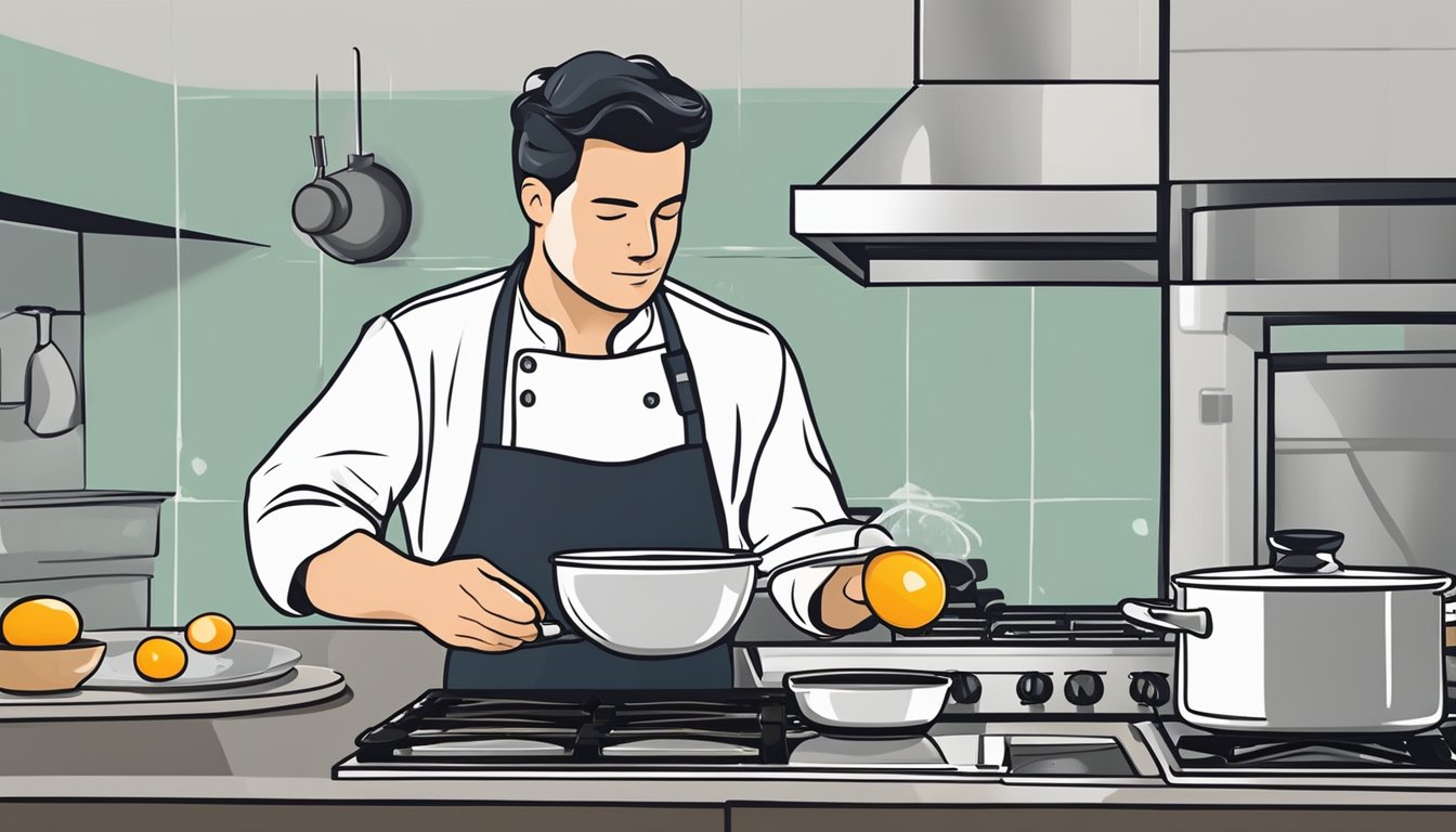 A chef using a food thermometer to check the internal temperature of a duck egg while a pot of boiling water sits on the stove