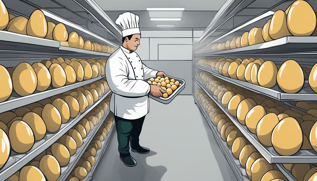 A chef carefully inspects a carton of duck eggs, storing them in a refrigerated area