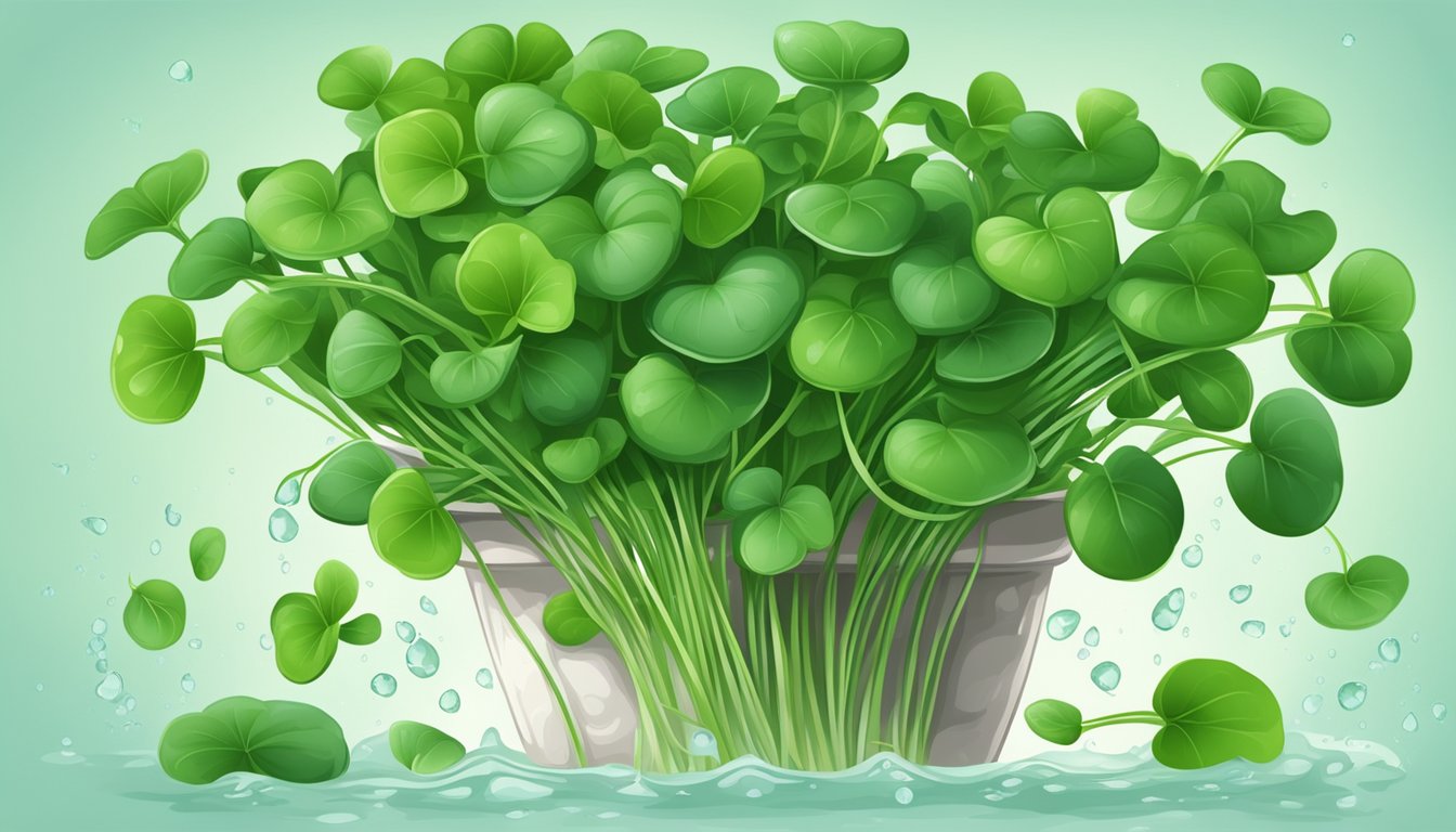 A vibrant bunch of watercress with delicate leaves and thin stems, surrounded by fresh water droplets