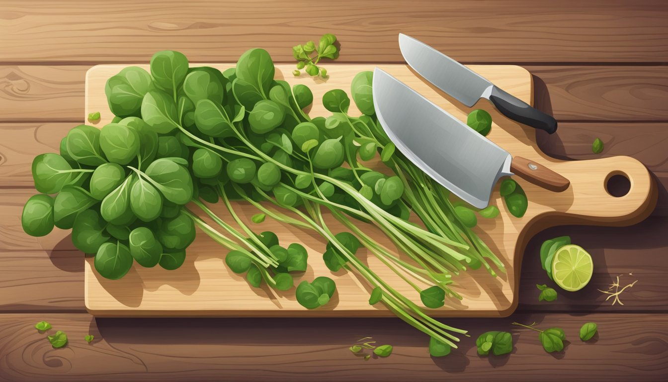 A vibrant bunch of watercress sits on a wooden cutting board, surrounded by fresh ingredients and kitchen utensils