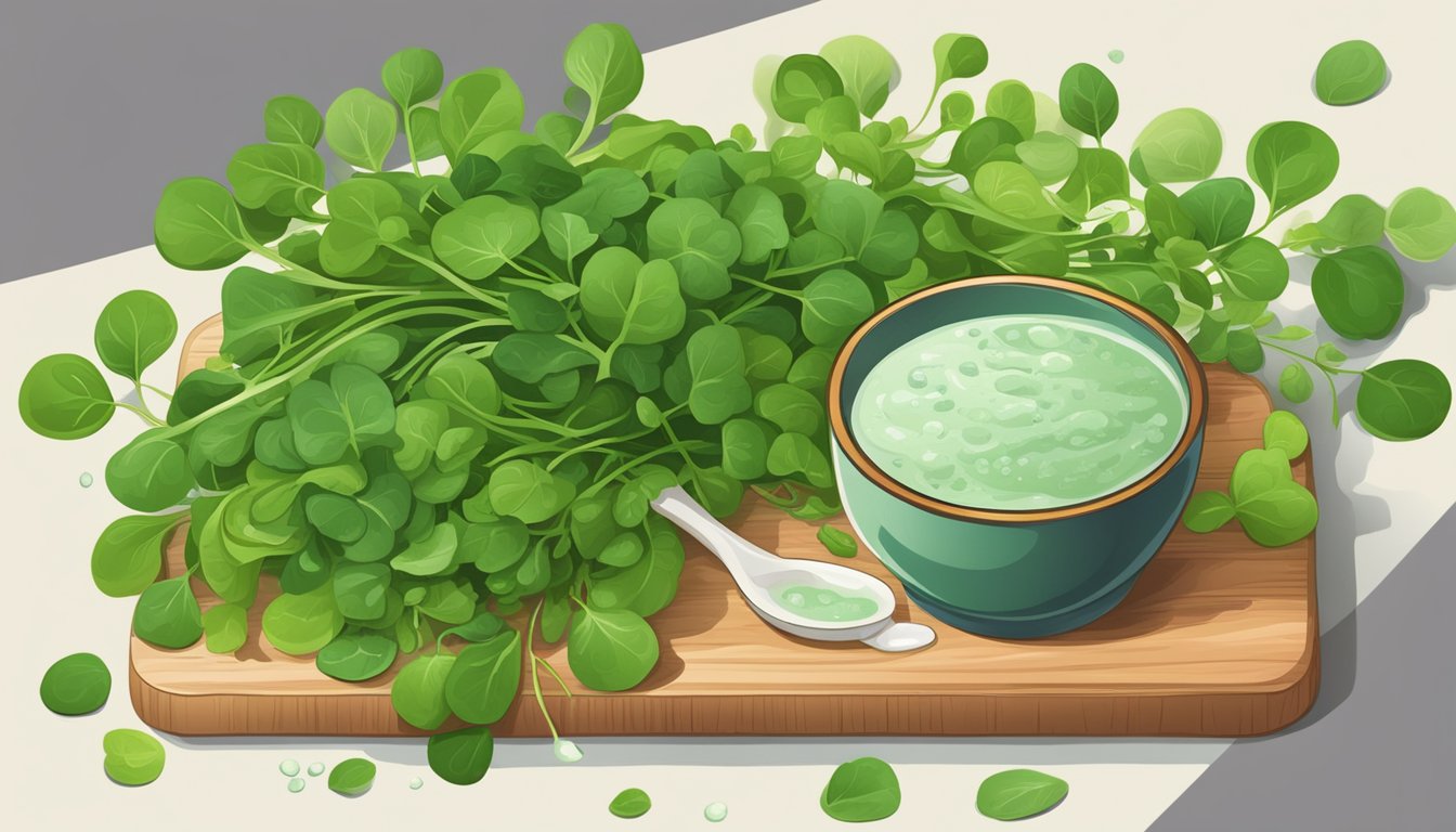 A vibrant bunch of watercress sits on a wooden cutting board, surrounded by fresh green leaves and a small bowl of water