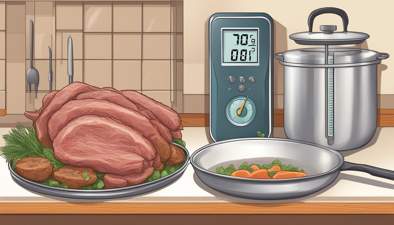 An emu leg surrounded by raw meat and a cooking thermometer showing an unsafe temperature