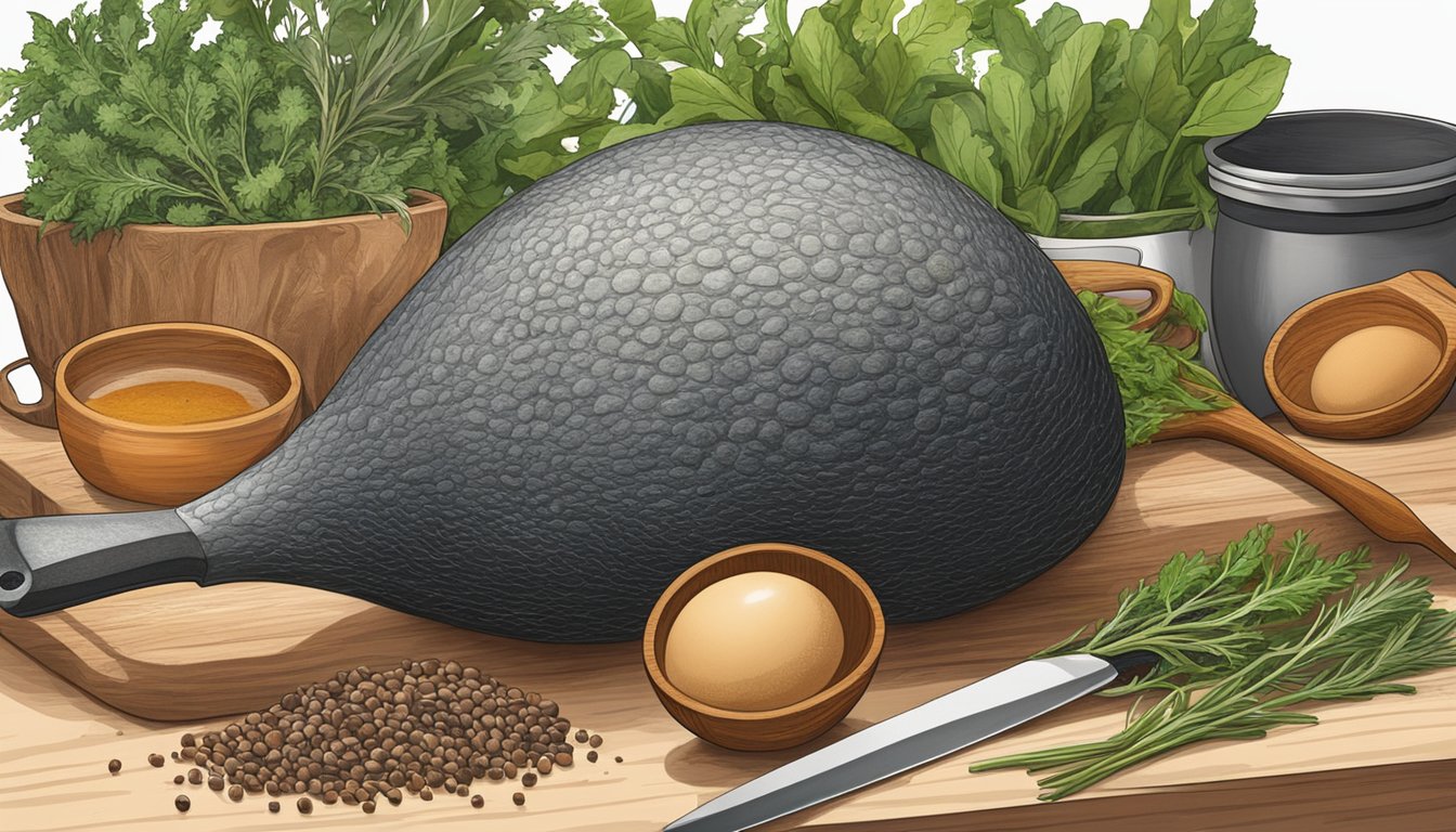 An emu egg sits on a clean cutting board next to a bowl of fresh herbs and spices. A chef's knife and a skillet are nearby