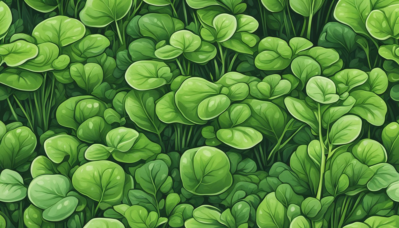 A vibrant bunch of watercress sits next to other leafy greens, showcasing its unique shape and peppery green color