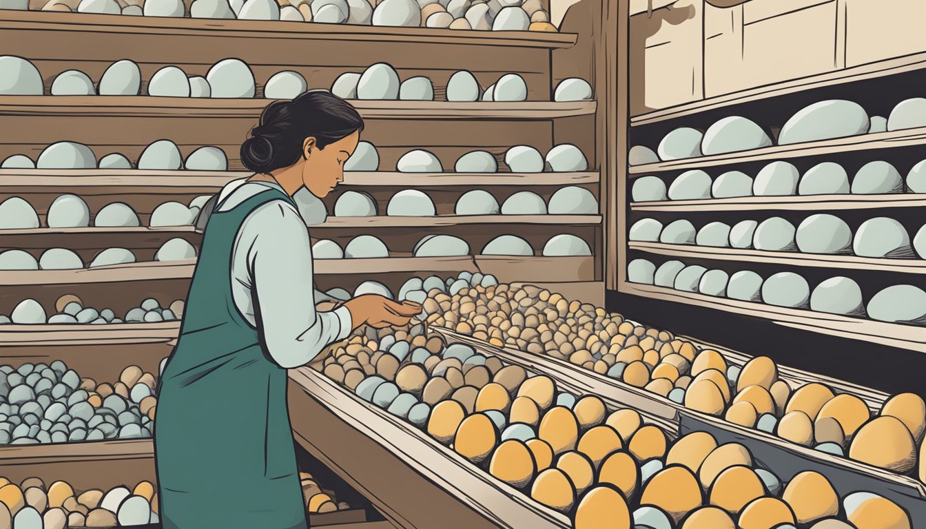 A person carefully selecting emu eggs from a display at a farmers market