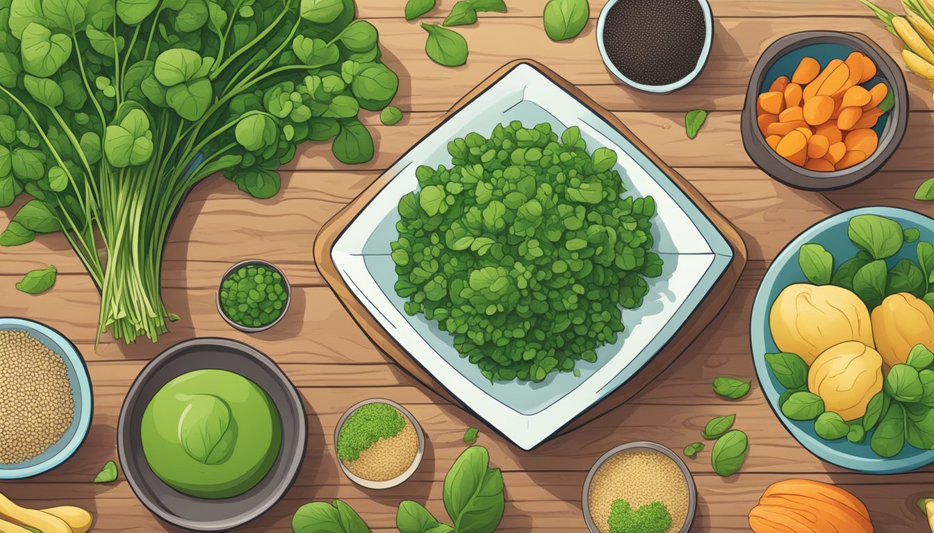 A vibrant bunch of fresh watercress sits on a wooden cutting board, surrounded by colorful vegetables and a bowl of quinoa