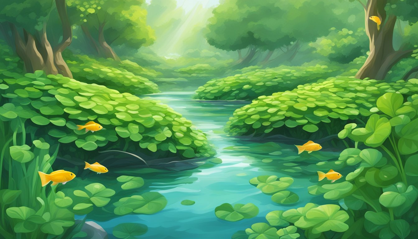 A clear stream flowing through a lush, green watercress bed, with small fish swimming among the aquatic plants