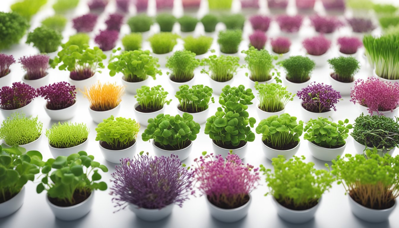 A variety of vibrant microgreens arranged on a white plate with a soft, natural light illuminating the scene