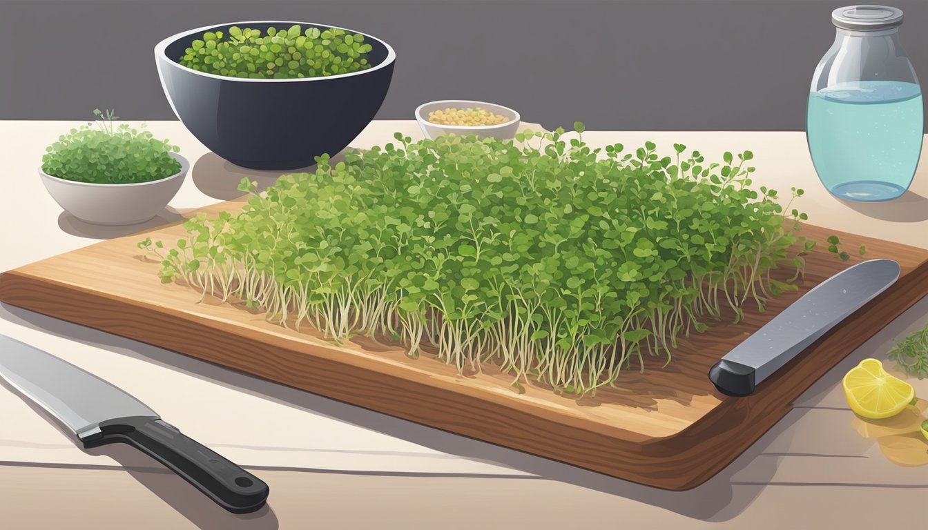 A variety of colorful microgreens arranged on a clean cutting board, with a knife and a bowl of water nearby