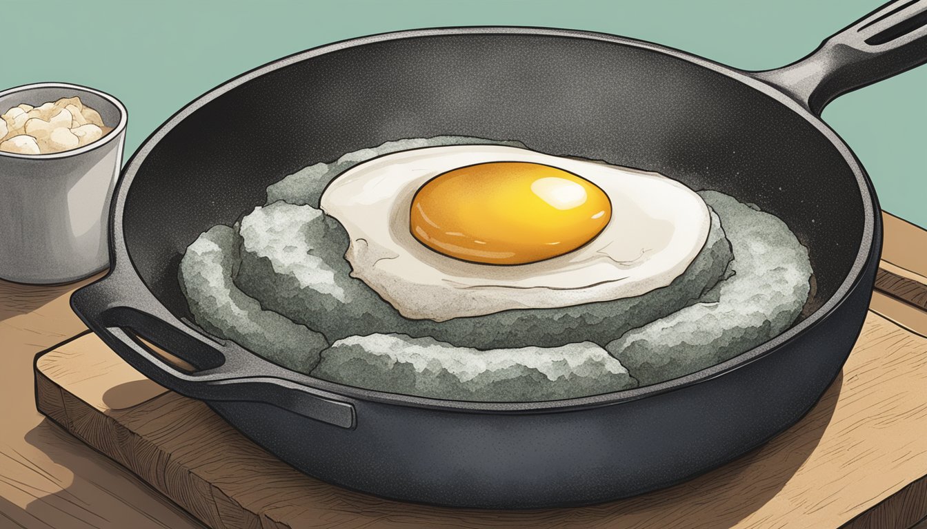 An emu egg being cracked open and cooked on a hot skillet