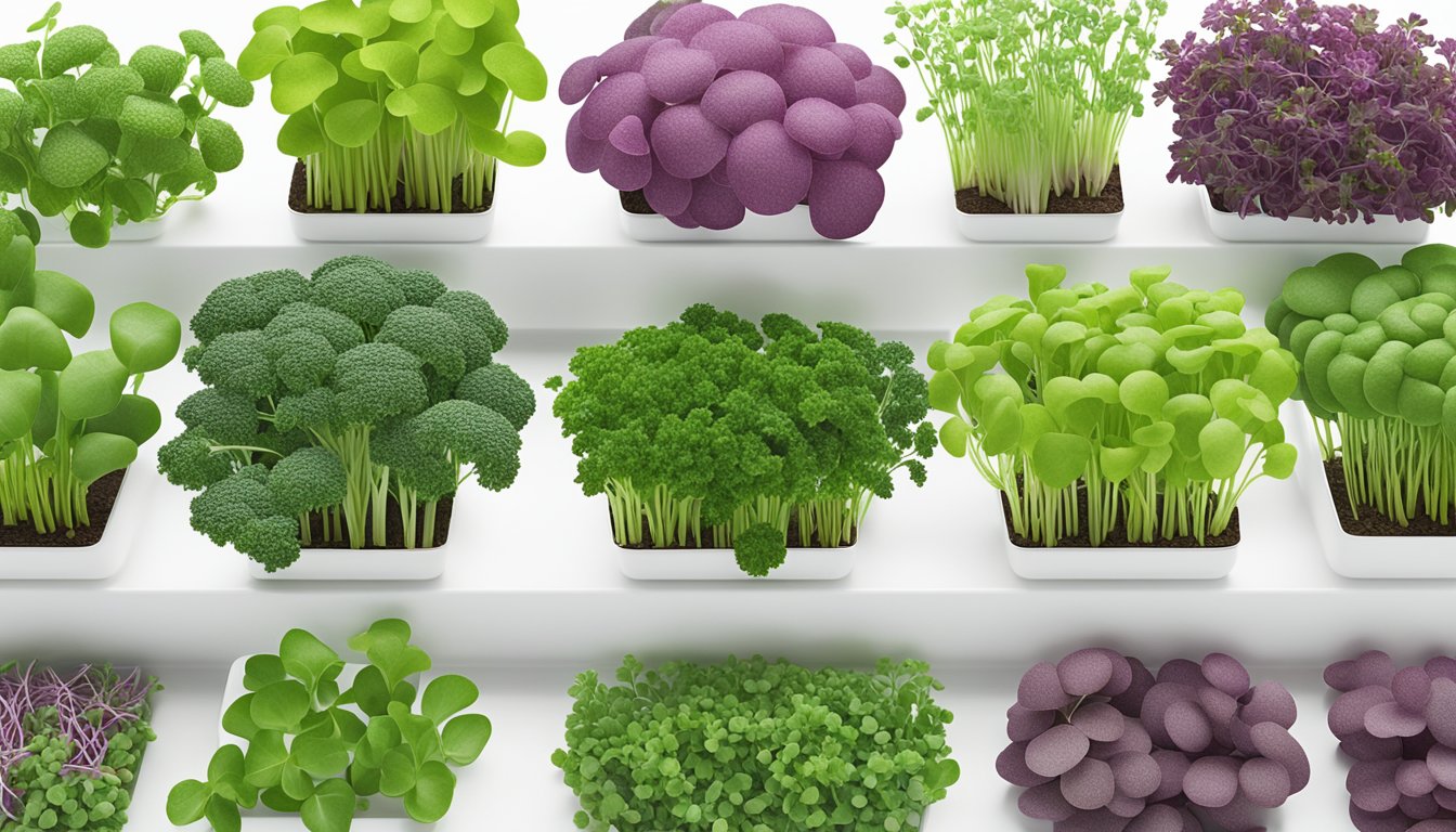 A variety of fresh and vibrant microgreens, such as kale, radish, and broccoli, are neatly arranged in rows on a clean, white surface. The delicate leaves and stems are ready to be harvested and enjoyed