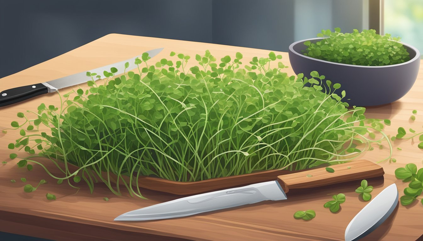 A close-up of fresh microgreens on a clean cutting board, with a knife and a small bowl of water nearby