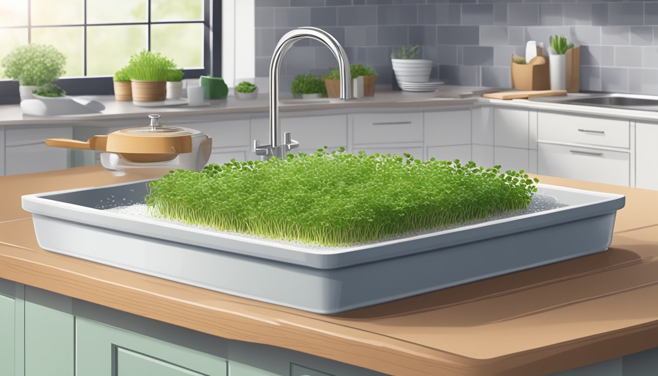 A clean, organized kitchen counter with fresh microgreens being washed under running water and dried on a clean towel