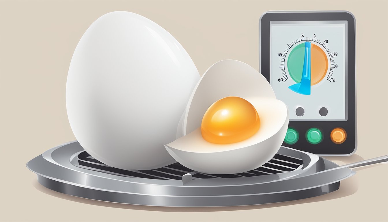 A goose egg being cooked to proper temperature with a thermometer nearby