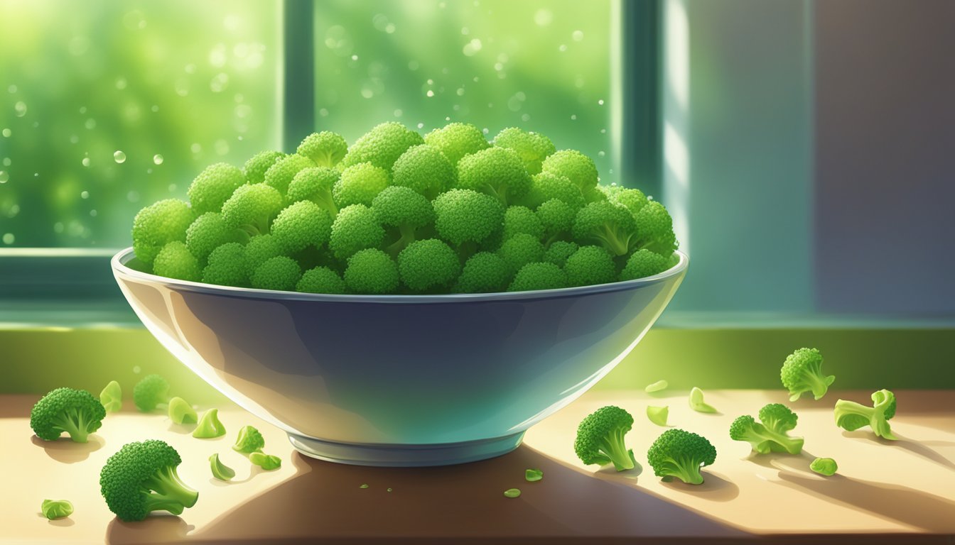 A bowl of fresh broccoli sprouts with water droplets, surrounded by vibrant green leaves and sunlight streaming in from a nearby window