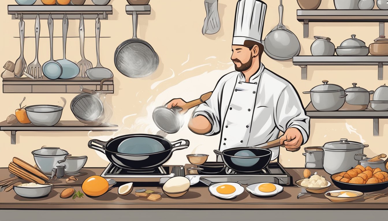 A chef cracking a goose egg into a sizzling pan, surrounded by various cooking utensils and ingredients