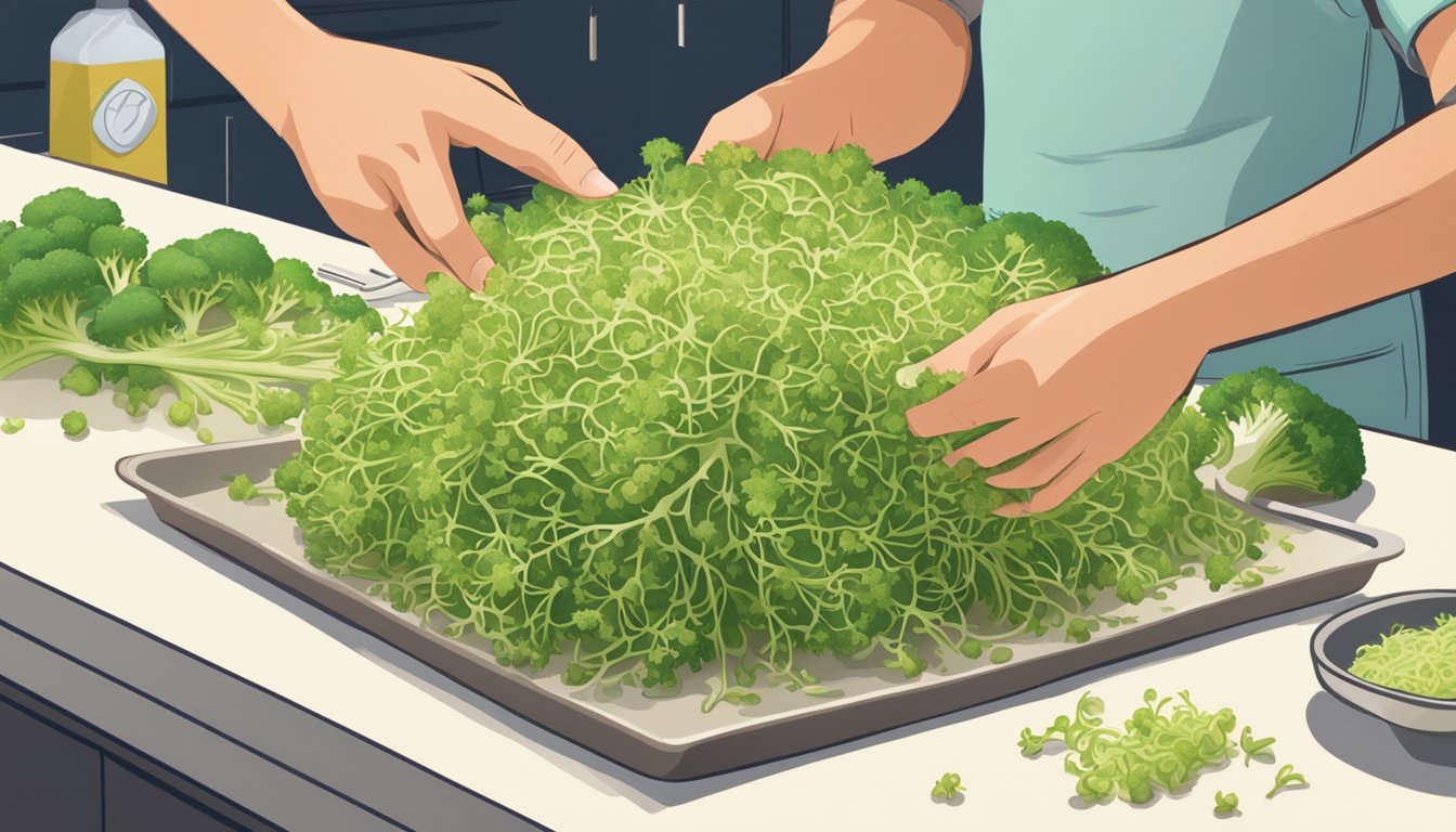 A group of people with compromised immune systems cautiously inspecting a pile of raw broccoli sprouts on a clean, well-lit kitchen counter