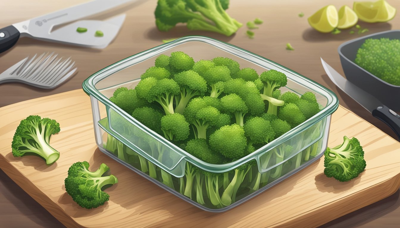 Fresh broccoli sprouts in a sealed container next to a cutting board with a knife, ready for preparation and storage